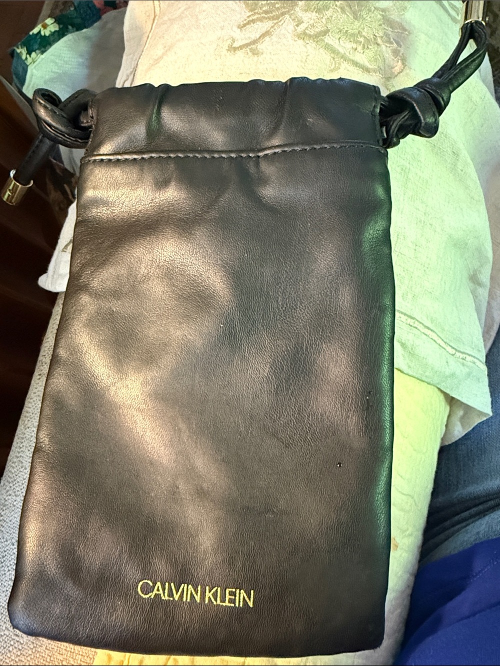 Calvin Klein Black Leather Crossbody Pouch with Gold Logo